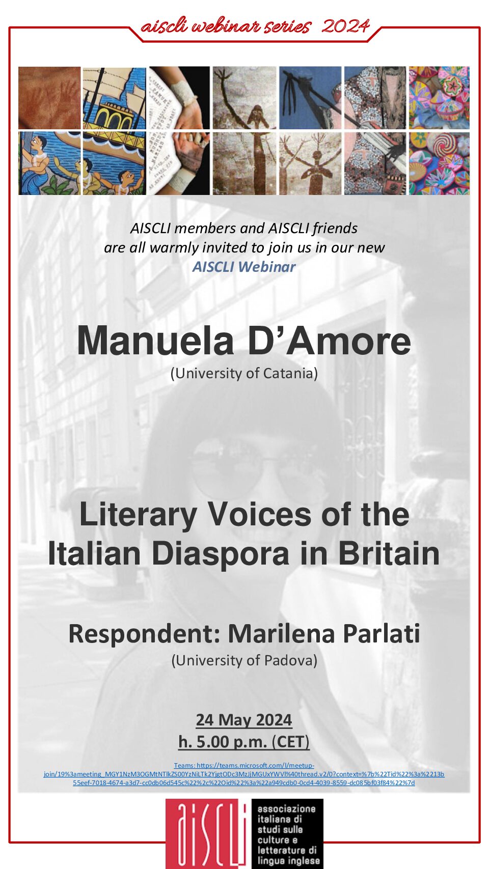 NEW AISCLI  SERIES 2024 – Manuela D’Amore presents her book “Literary Voices of the Italian Diaspora in Britain”. Respondent: Marilena Parlati
