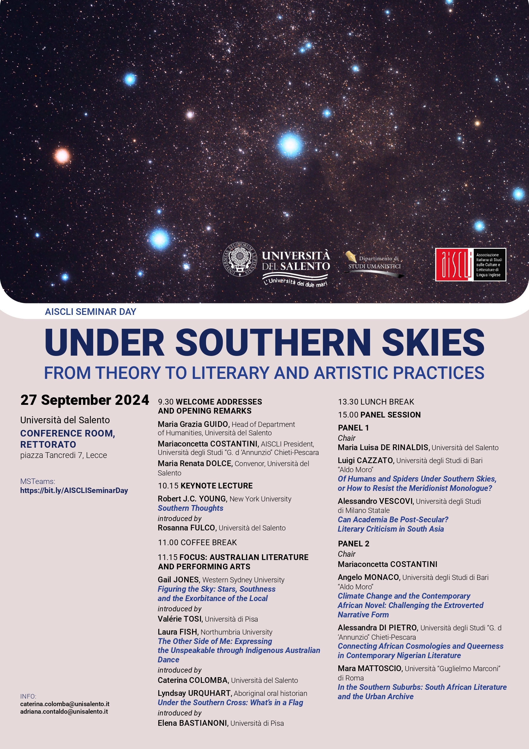 UNDER SOUTHERN SKIES, AISCLI SEMINAR DAY, 27 September 2024, University of Salento, Lecce