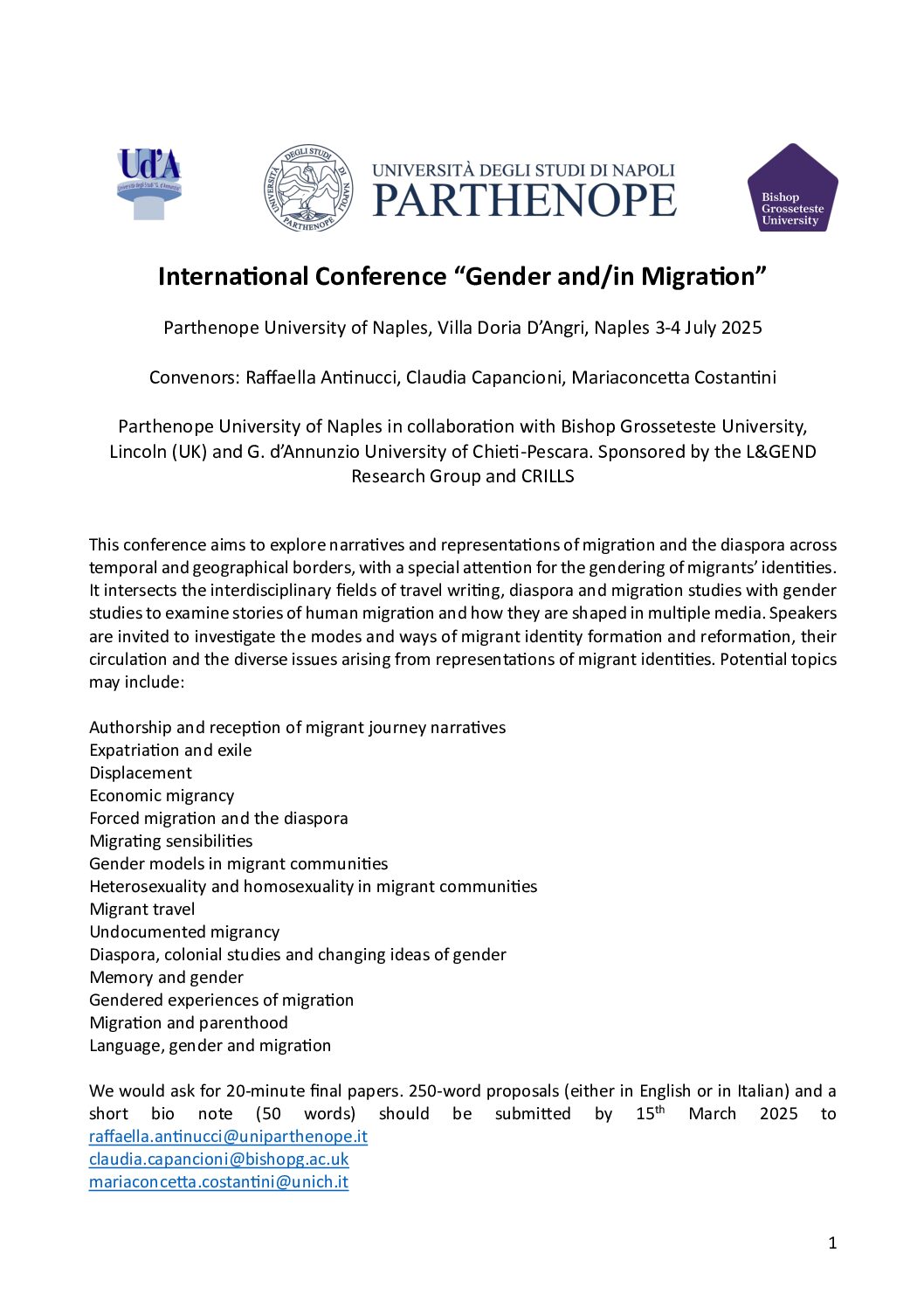 International Conference “Gender and/in Migration”. Parthenope University of Naples, Villa Doria D’Angri, Naples 3-4 July 2025